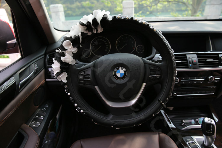 Popular Lace Flower Crystal Car Steering Wheel Covers Genuine Sheepskin 16 inch 40CM - Black