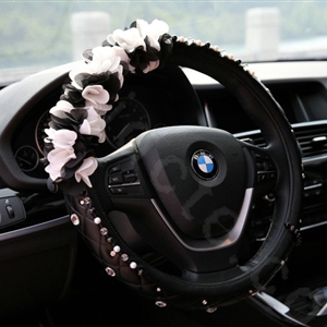Popular Lace Flower Crystal Car Steering Wheel Covers Genuine Sheepskin 16 inch 40CM - Black