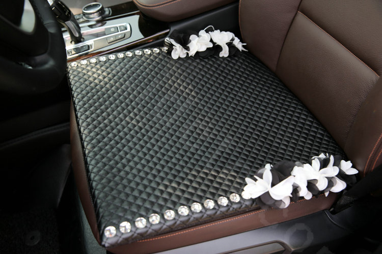 Popular Lace Flower Crystal Universal Car Seat Cushion Women Genuine Sheepskin Pad 1pcs - Black