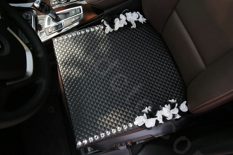 Popular Lace Flower Crystal Universal Car Seat Cushion Women Genuine Sheepskin Pad 1pcs - Black