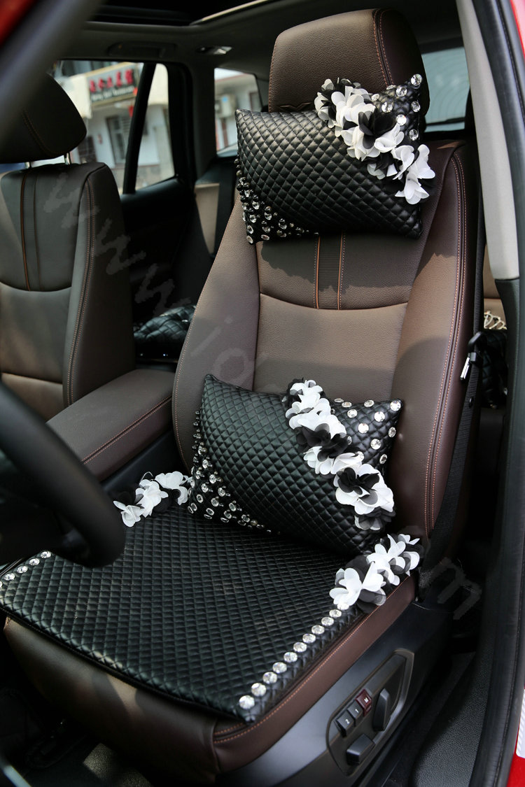 Popular Lace Flower Crystal Universal Car Seat Cushion Women Genuine Sheepskin Pad 1pcs - Black