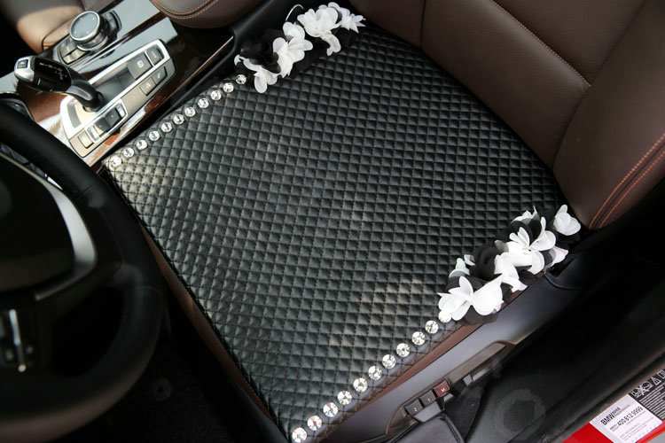 Popular Lace Flower Crystal Universal Car Seat Cushion Women Genuine Sheepskin Pad 1pcs - Black