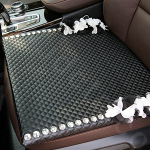 Popular Lace Flower Crystal Universal Car Seat Cushion Women Genuine Sheepskin Pad 1pcs - Black