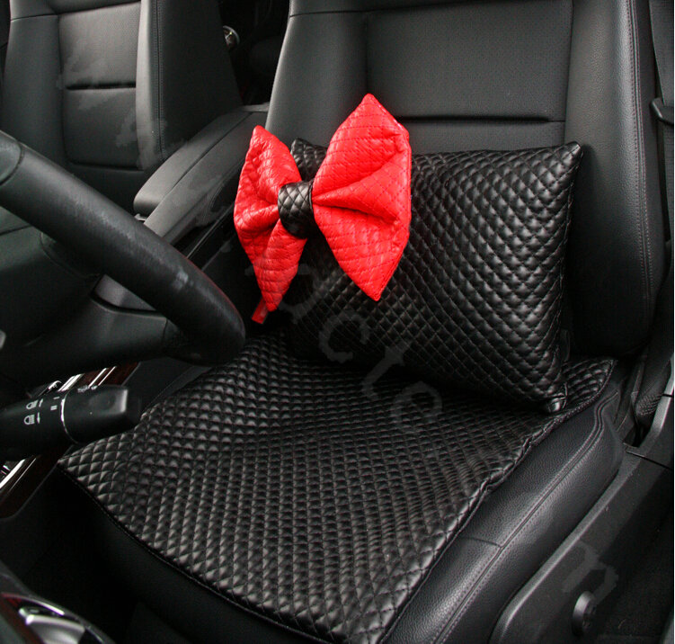 Princess Bowknot Car Lumbar Pillow Genuine Sheepskin Support Cushion 1pcs - Black Red