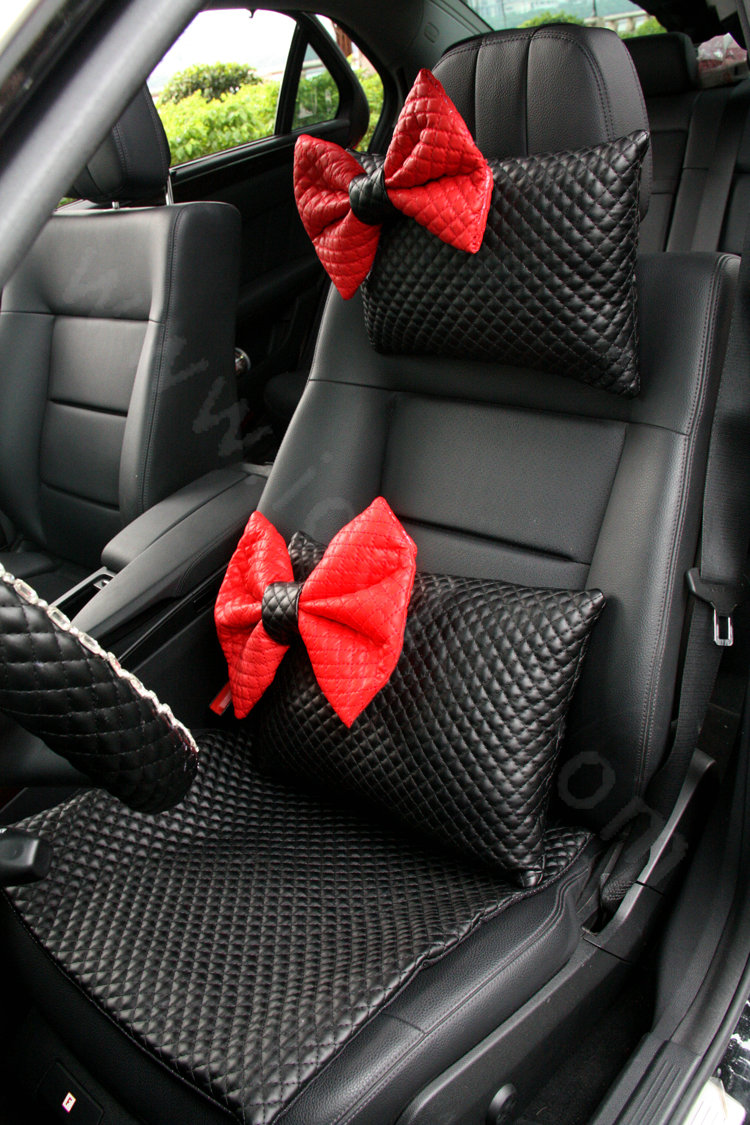 Princess Bowknot Car Lumbar Pillow Genuine Sheepskin Support Cushion 1pcs - Black Red