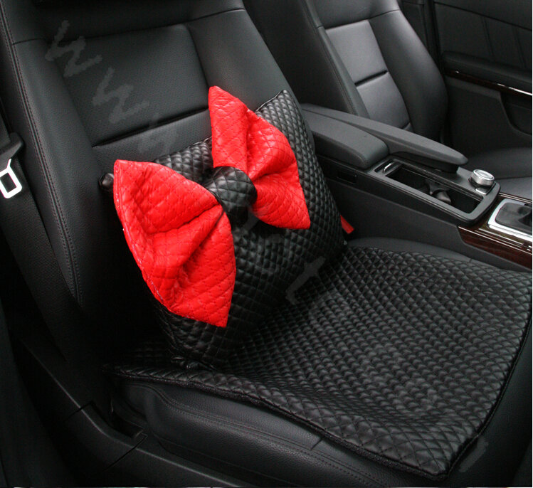 Princess Bowknot Car Lumbar Pillow Genuine Sheepskin Support Cushion 1pcs - Black Red