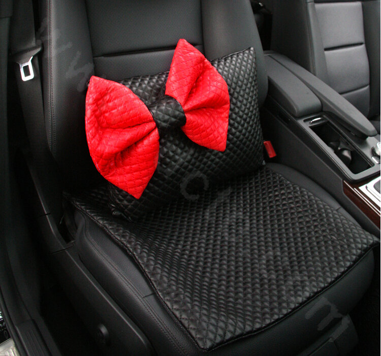Princess Bowknot Car Lumbar Pillow Genuine Sheepskin Support Cushion 1pcs - Black Red