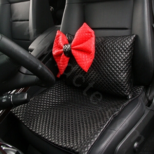 Princess Bowknot Car Lumbar Pillow Genuine Sheepskin Support Cushion 1pcs - Black Red