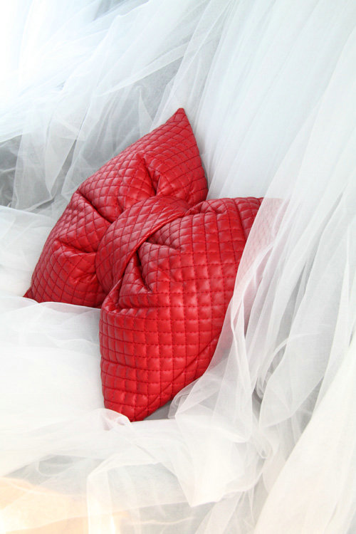 Princess Bowknot Car Lumbar Pillow Genuine Sheepskin Support Cushion 1pcs - Red