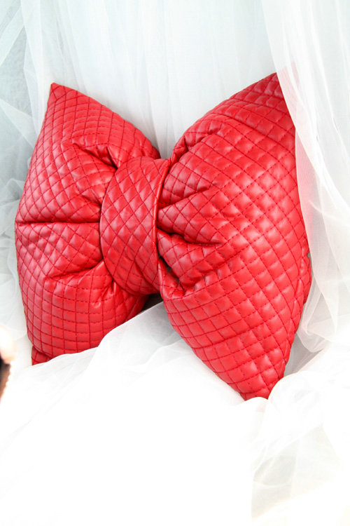 Princess Bowknot Car Lumbar Pillow Genuine Sheepskin Support Cushion 1pcs - Red