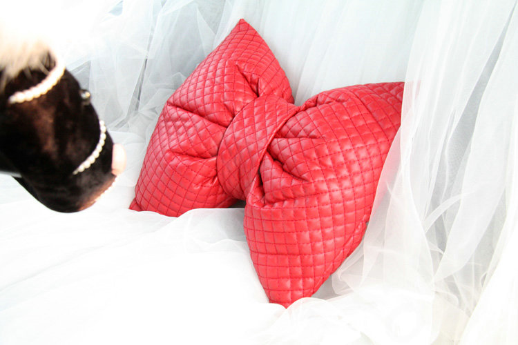 Princess Bowknot Car Lumbar Pillow Genuine Sheepskin Support Cushion 1pcs - Red