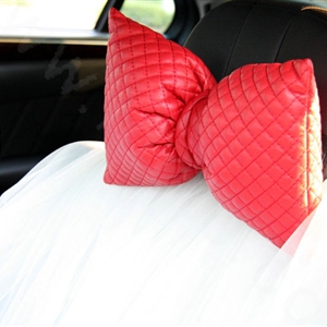 Princess Bowknot Genuine Sheepskin Car Neck Safety Pillow Diamond Auto Headrest 1pcs - Red