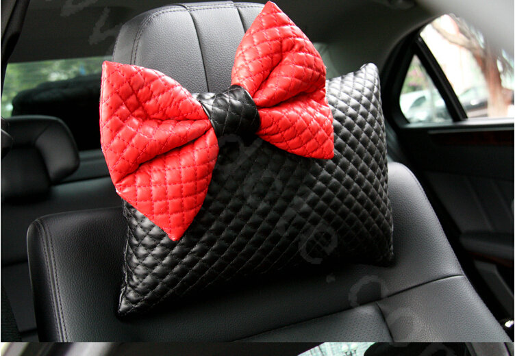Princess Bowknot Genuine Sheepskin Car Neck Safety Pillow Diamond Lattice 1pcs - Black Red