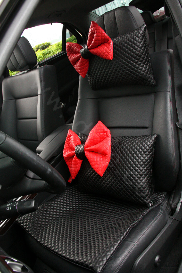 Princess Bowknot Genuine Sheepskin Car Neck Safety Pillow Diamond Lattice 1pcs - Black Red