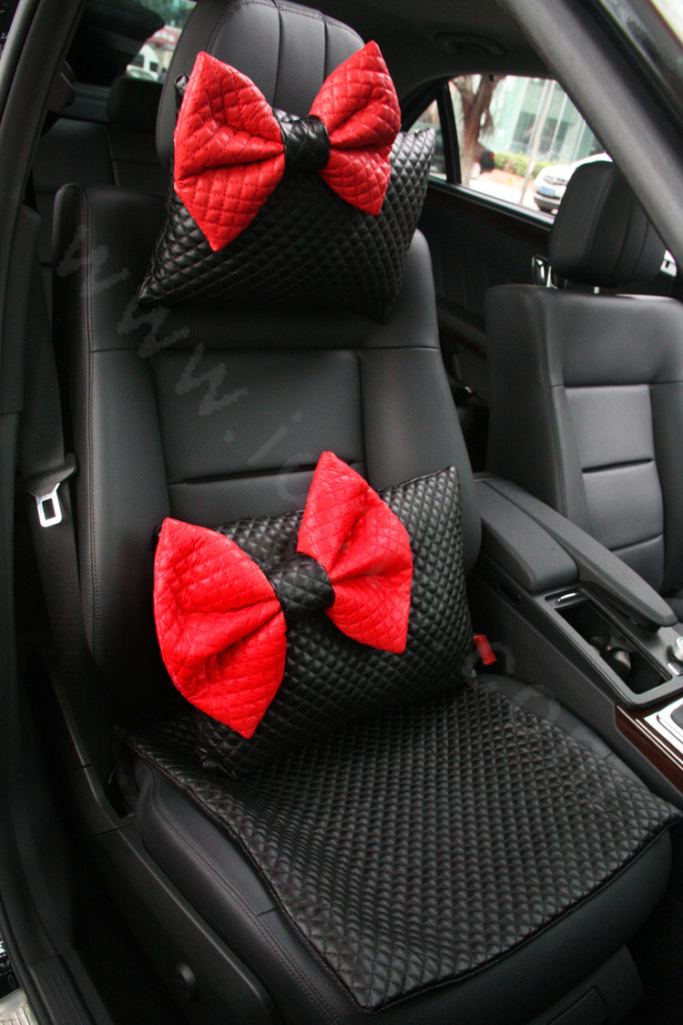 Princess Bowknot Genuine Sheepskin Car Neck Safety Pillow Diamond Lattice 1pcs - Black Red