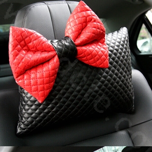 Princess Bowknot Genuine Sheepskin Car Neck Safety Pillow Diamond Lattice 1pcs - Black Red