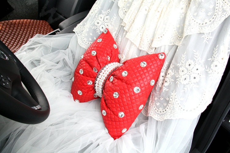 Princess Bowknot Pearl Crystal Auto Lumbar Pillow Genuine Sheepskin Support Cushion 1pcs - Red