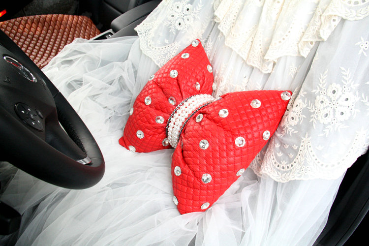 Princess Bowknot Pearl Crystal Auto Lumbar Pillow Genuine Sheepskin Support Cushion 1pcs - Red