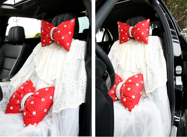 Princess Bowknot Pearl Crystal Auto Lumbar Pillow Genuine Sheepskin Support Cushion 1pcs - Red