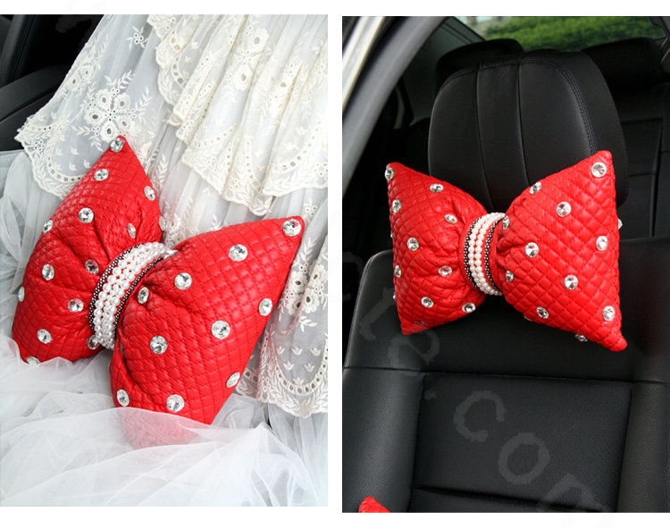 Princess Bowknot Pearl Crystal Auto Lumbar Pillow Genuine Sheepskin Support Cushion 1pcs - Red