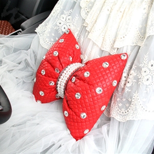 Princess Bowknot Pearl Crystal Auto Lumbar Pillow Genuine Sheepskin Support Cushion 1pcs - Red