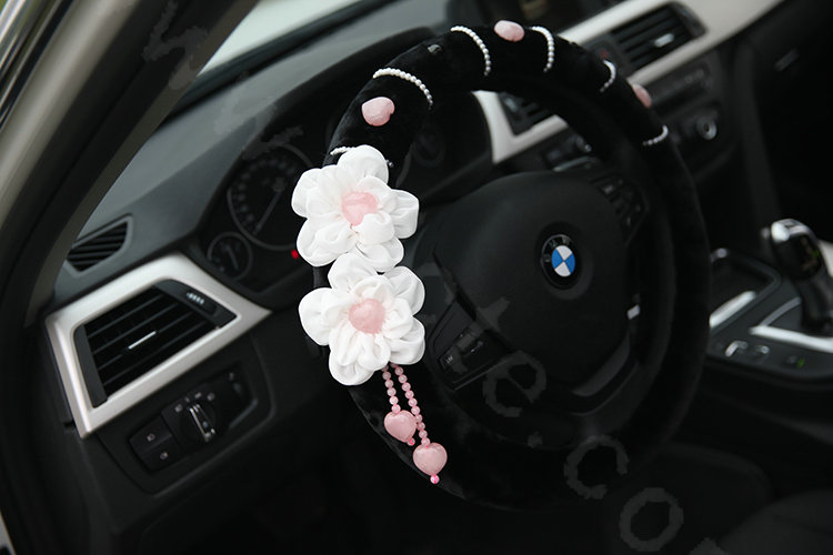Princess Flower Powder Crystal Genuine Wool Auto Steering Wheel Covers 15 inch 38CM - Black