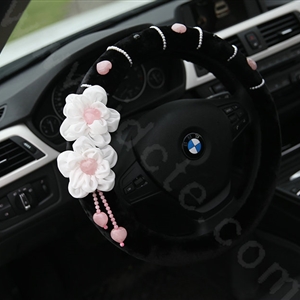 Princess Flower Powder Crystal Genuine Wool Auto Steering Wheel Covers 15 inch 38CM - Black