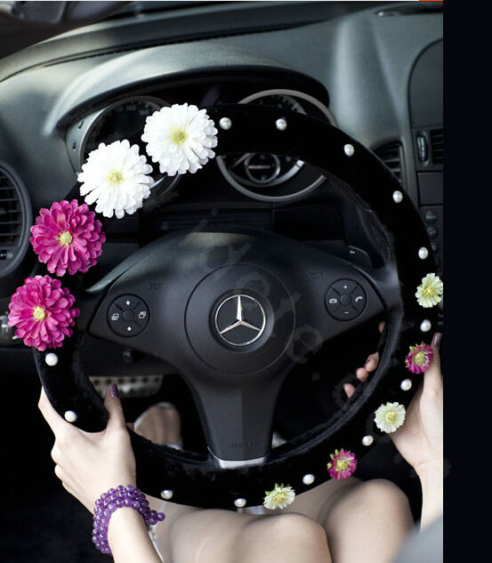 Princess Flowers Pearls Winter Genuine Wool Auto Steering Wheel Covers 14 inch 36CM - Black