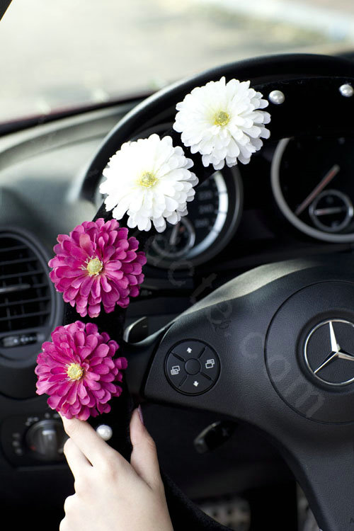 Princess Flowers Pearls Winter Genuine Wool Auto Steering Wheel Covers 14 inch 36CM - Black