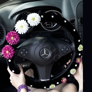 Princess Flowers Pearls Winter Genuine Wool Auto Steering Wheel Covers 14 inch 36CM - Black