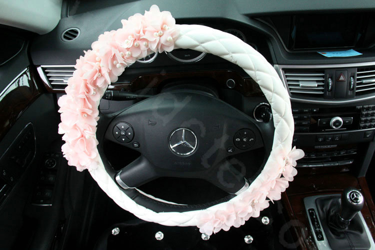 Princess Pearl Lace Flower Car Steering Wheel Covers Genuine Sheepskin 14 inch 36CM - Pink