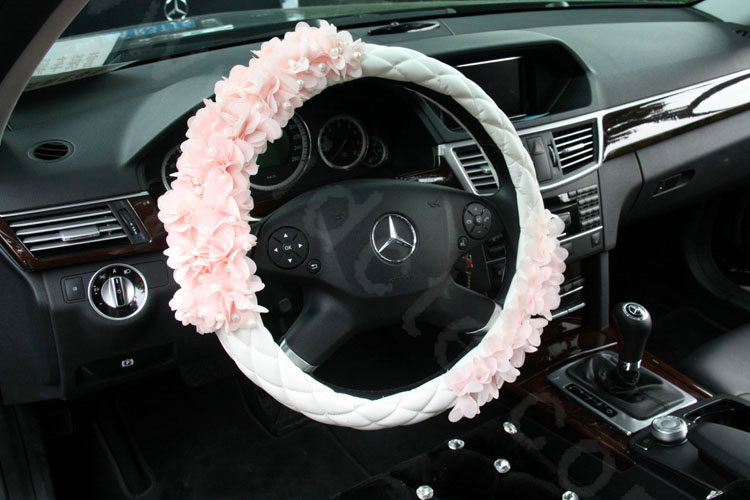 Princess Pearl Lace Flower Car Steering Wheel Covers Genuine Sheepskin 14 inch 36CM - Pink