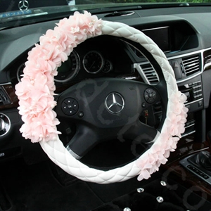 Princess Pearl Lace Flower Car Steering Wheel Covers Genuine Sheepskin 14 inch 36CM - Pink