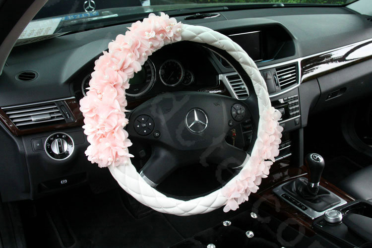 Princess Pearl Lace Flower Car Steering Wheel Covers Genuine Sheepskin 15 inch 38CM - Pink