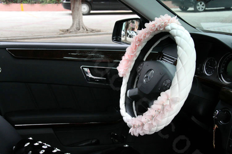 Princess Pearl Lace Flower Car Steering Wheel Covers Genuine Sheepskin 15 inch 38CM - Pink