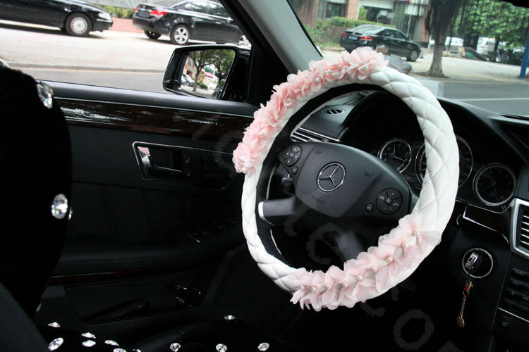 Princess Pearl Lace Flower Car Steering Wheel Covers Genuine Sheepskin 15 inch 38CM - Pink