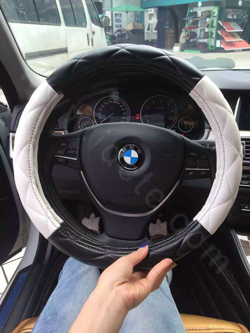 Retail and Wholesale Sheepskin Leather Car Steering Wheel Covers 15 inch 38CM - Black White