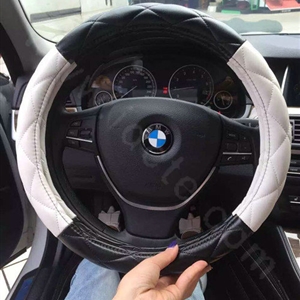 Retail and Wholesale Sheepskin Leather Car Steering Wheel Covers 15 inch 38CM - Black White