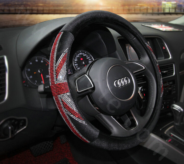 Retro Rhinestone Velvet UK Flag Auto Steering Wheel Covers 15 inch 38CM - Red Black