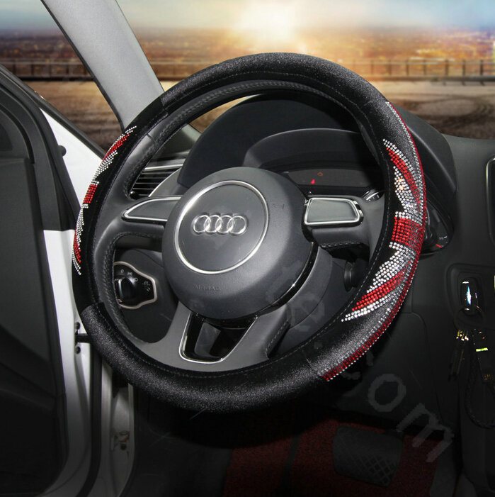 Retro Rhinestone Velvet UK Flag Auto Steering Wheel Covers 15 inch 38CM - Red Black