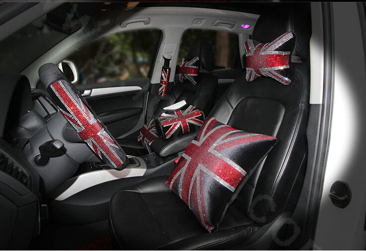 Retro Rhinestone Velvet UK Flag Auto Steering Wheel Covers 15 inch 38CM - Red Black