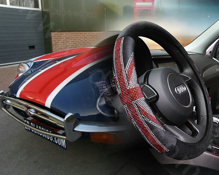 Retro Rhinestone Velvet UK Flag Auto Steering Wheel Covers 15 inch 38CM - Red Black