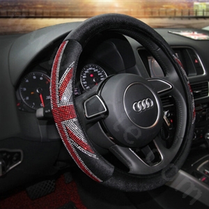 Retro Rhinestone Velvet UK Flag Auto Steering Wheel Covers 15 inch 38CM - Red Black