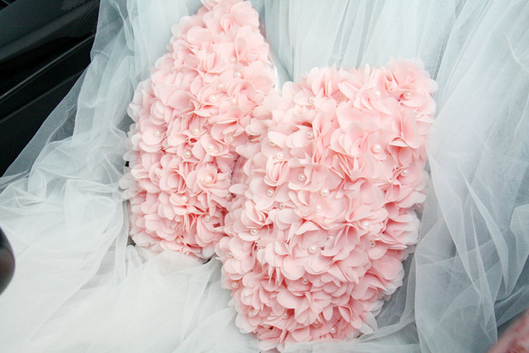 Romantic Lace Flower Pearl Car Lumbar Pillow Leather Back Support Cushion 1pcs - Pink