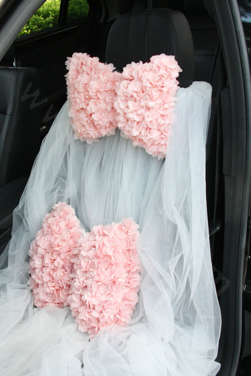 Romantic Lace Flower Pearl Car Lumbar Pillow Leather Back Support Cushion 1pcs - Pink