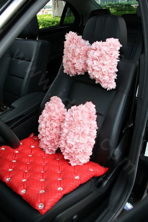 Romantic Lace Flower Pearl Car Lumbar Pillow Leather Back Support Cushion 1pcs - Pink