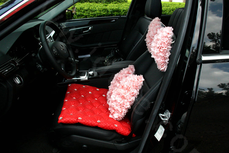 Romantic Lace Flower Pearl Car Lumbar Pillow Leather Back Support Cushion 1pcs - Pink