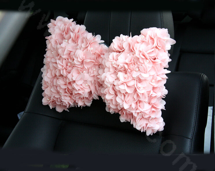 Romantic Lace Flower Pearl Car Neck Safety Pillow Leather Auto Headrest 1pcs - Pink