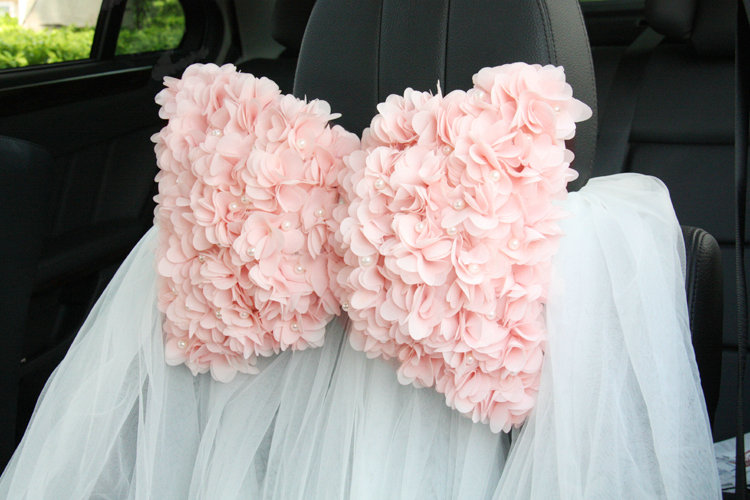 Romantic Lace Flower Pearl Car Neck Safety Pillow Leather Auto Headrest 1pcs - Pink