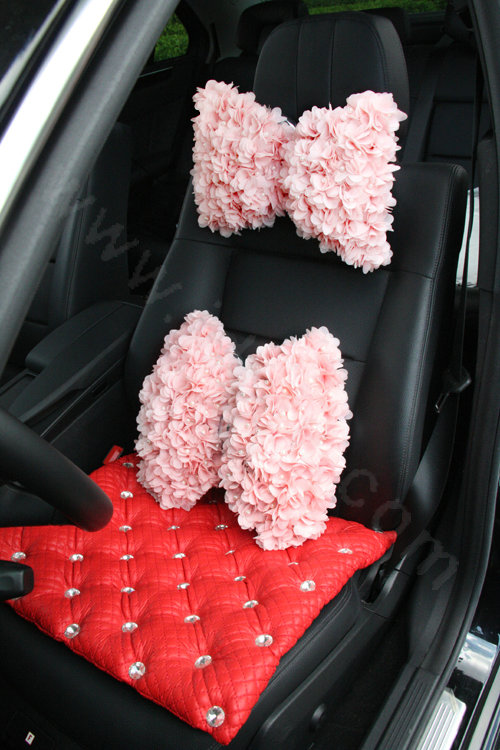 Romantic Lace Flower Pearl Car Neck Safety Pillow Leather Auto Headrest 1pcs - Pink